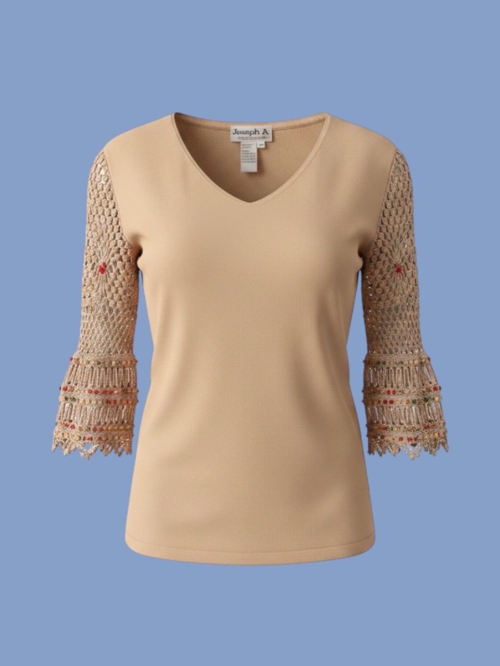 Joseph A Open-Knit Crochet Beaded 3/4 Bell Sleeves Beige V-Neck Knit Top - M
